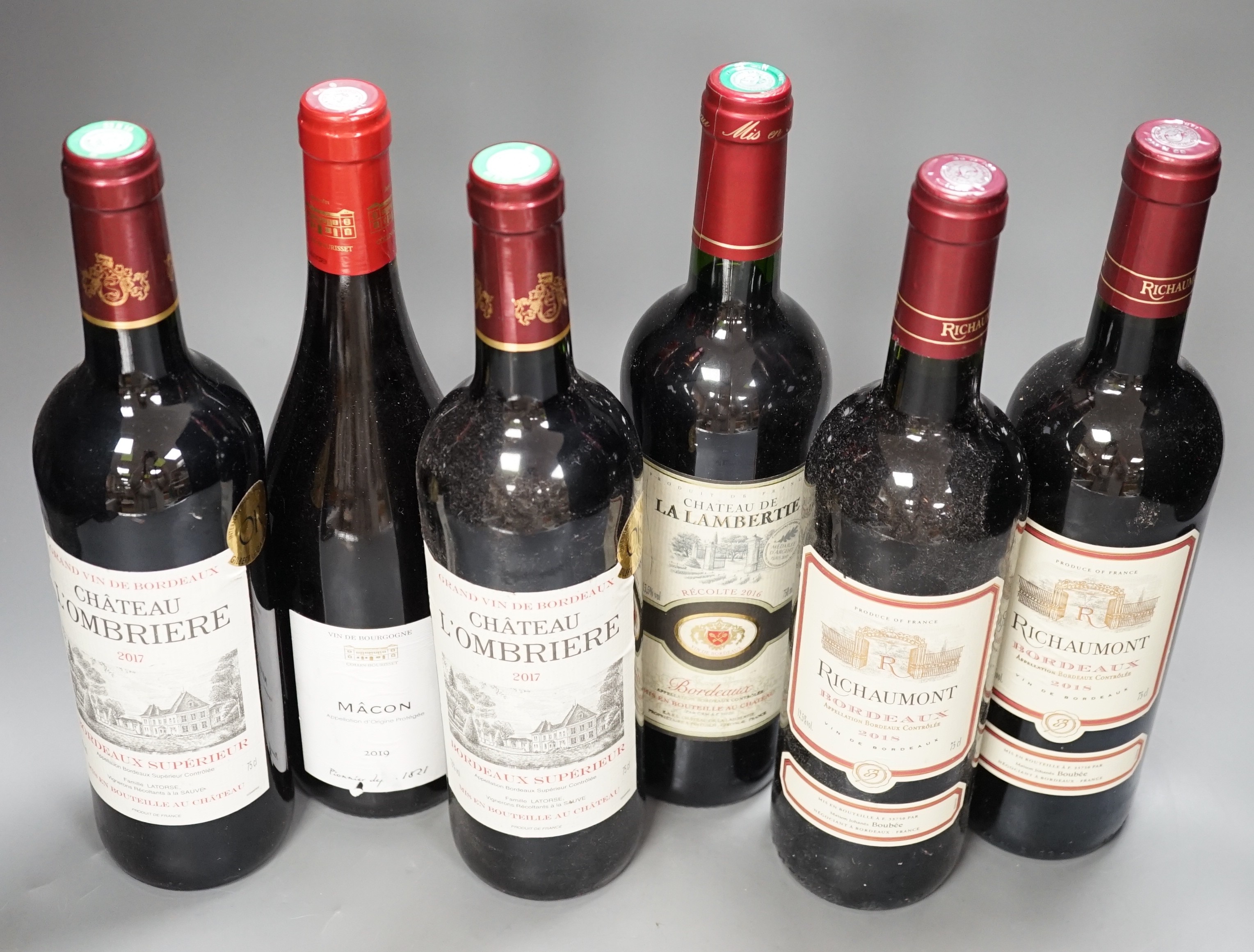 6 bottles of wine including 2 bottles of Chateau L’Ombriere 2017, 2 bottles of Richaumont Bordeaux 2018, 1 bottle of Chateau De La Lambertie 2016 and 1 bottle of Macon 2019